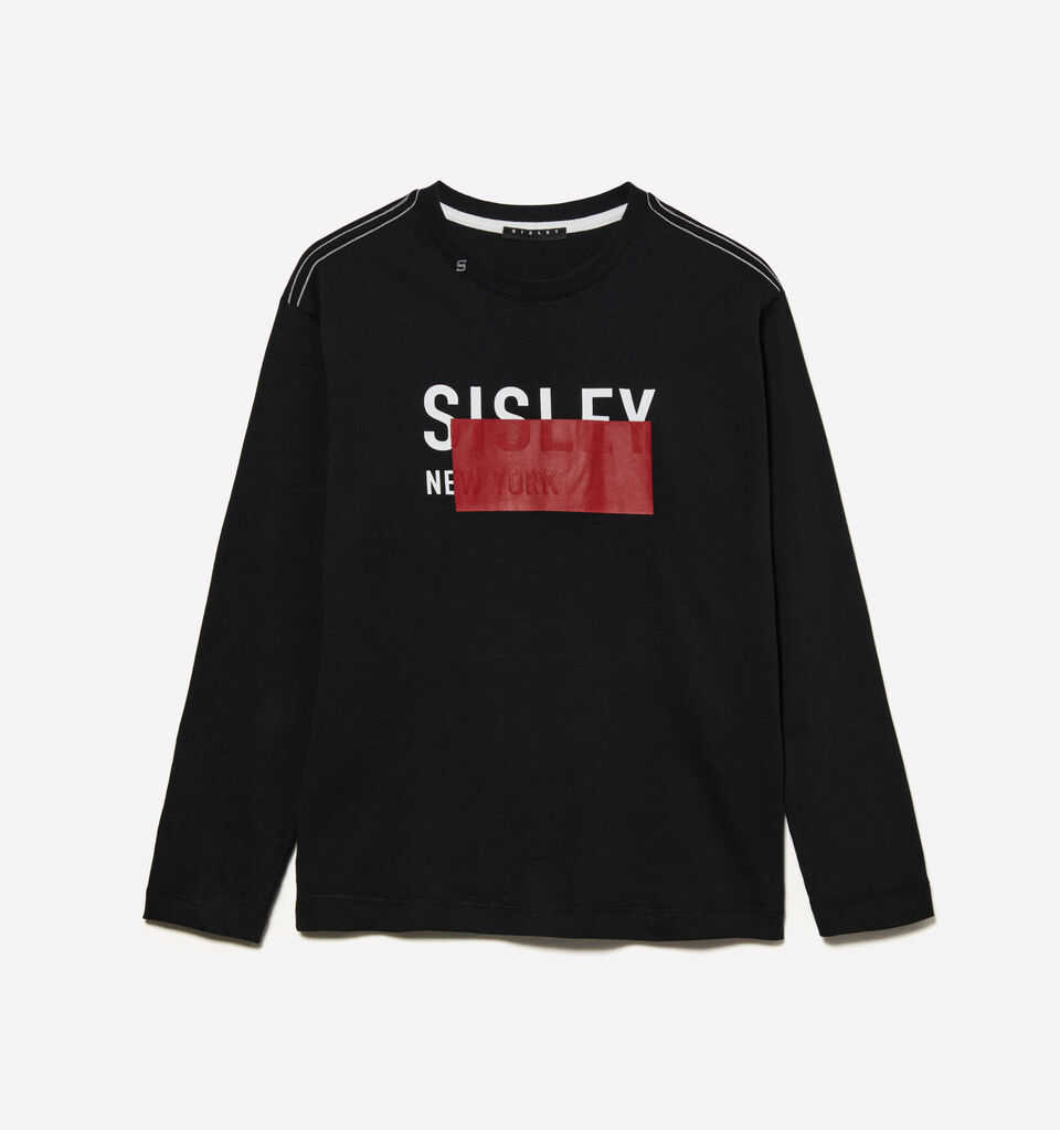 Black t-shirt with embossed print - boys' long sleeve t-shirts - Black | Sisley Young image number 1